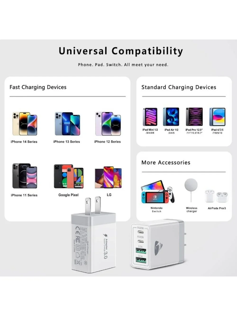 2-Pack 40W Fast USB C Wall Charger Block, 4-Port Multiport Power Adapter